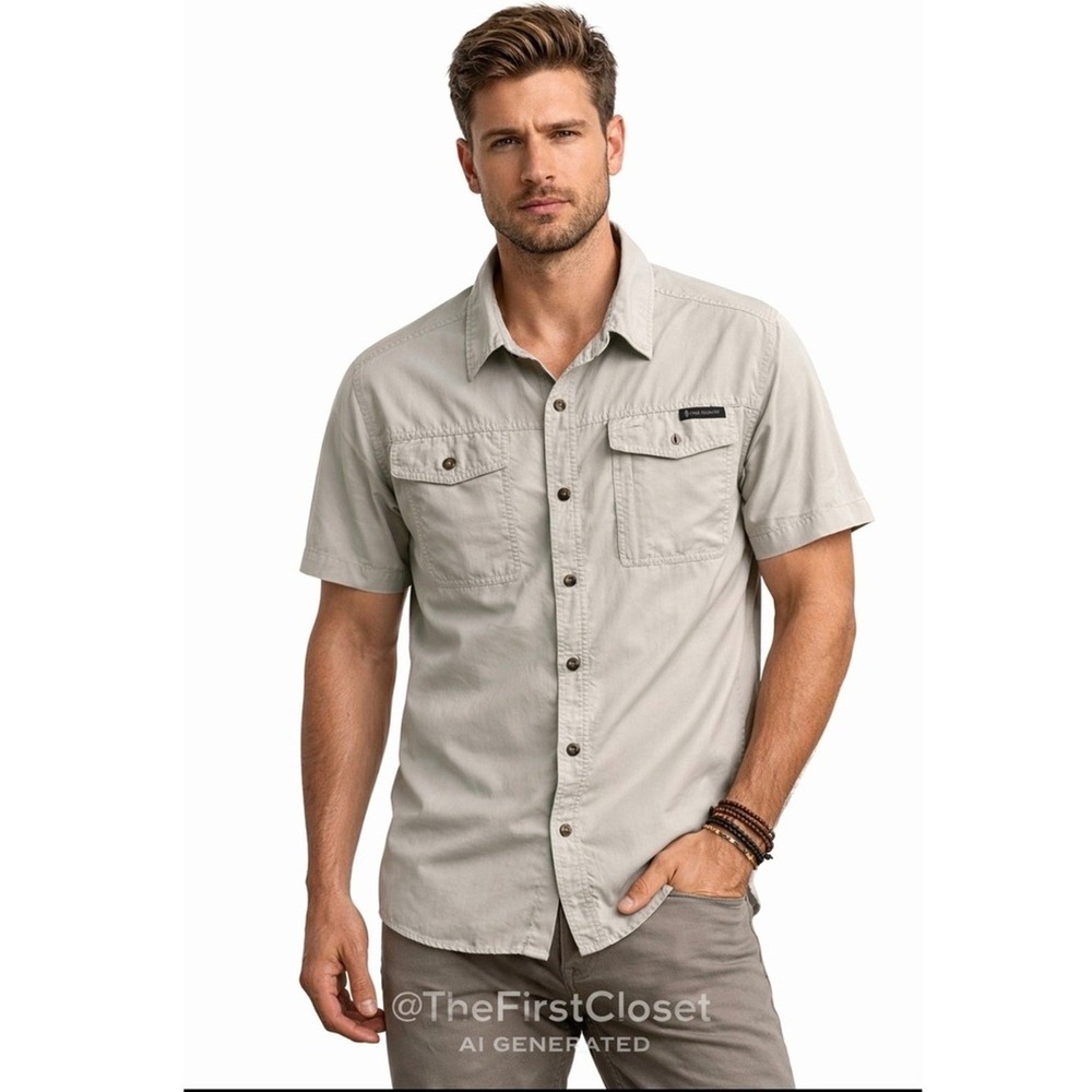 Free Country Shirt Mens XL Grey Beige Short Sleeve Button Up Casual Outdoor